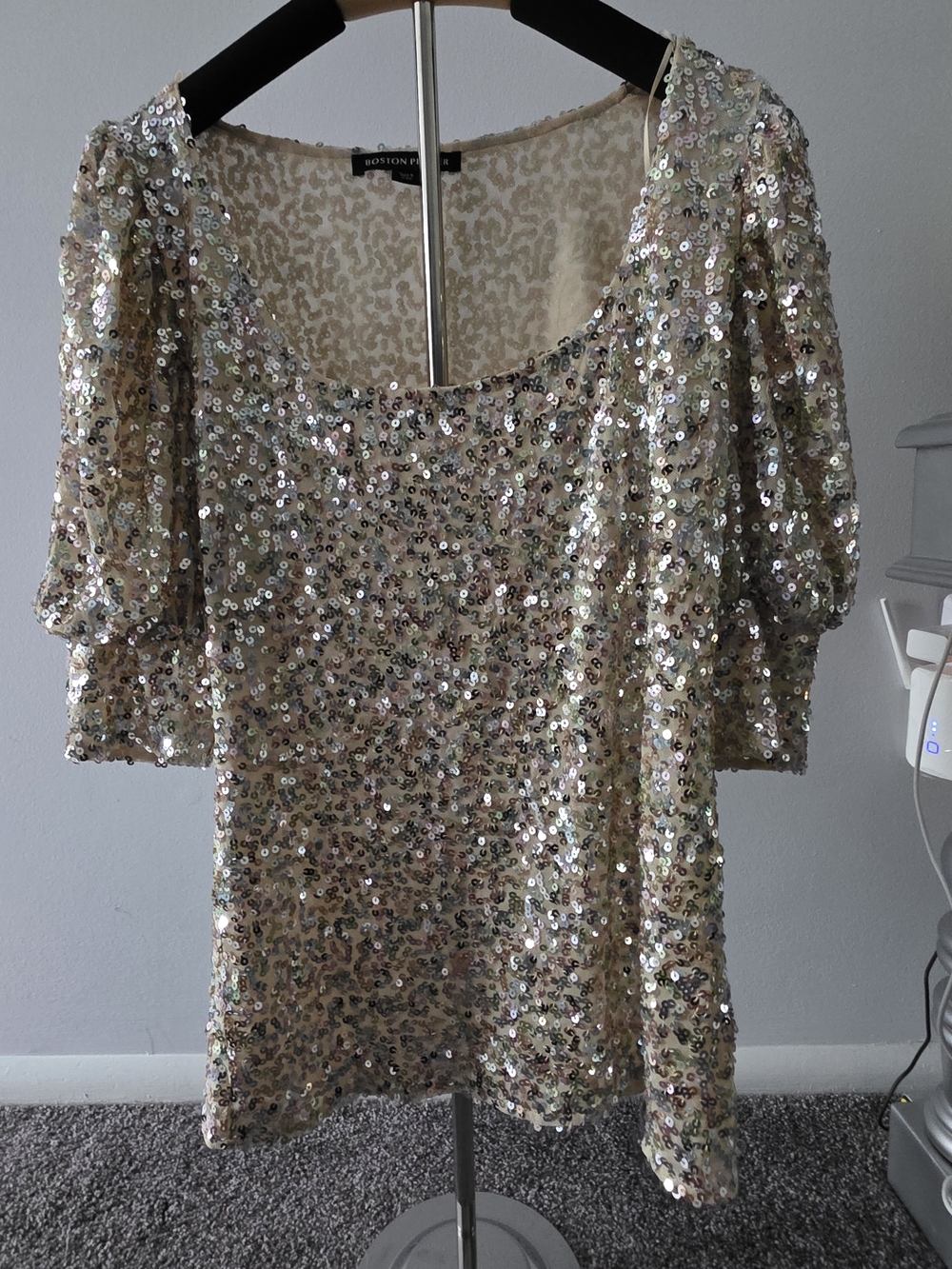 Boston Proper Champagne Sequin Scoop Neck Top